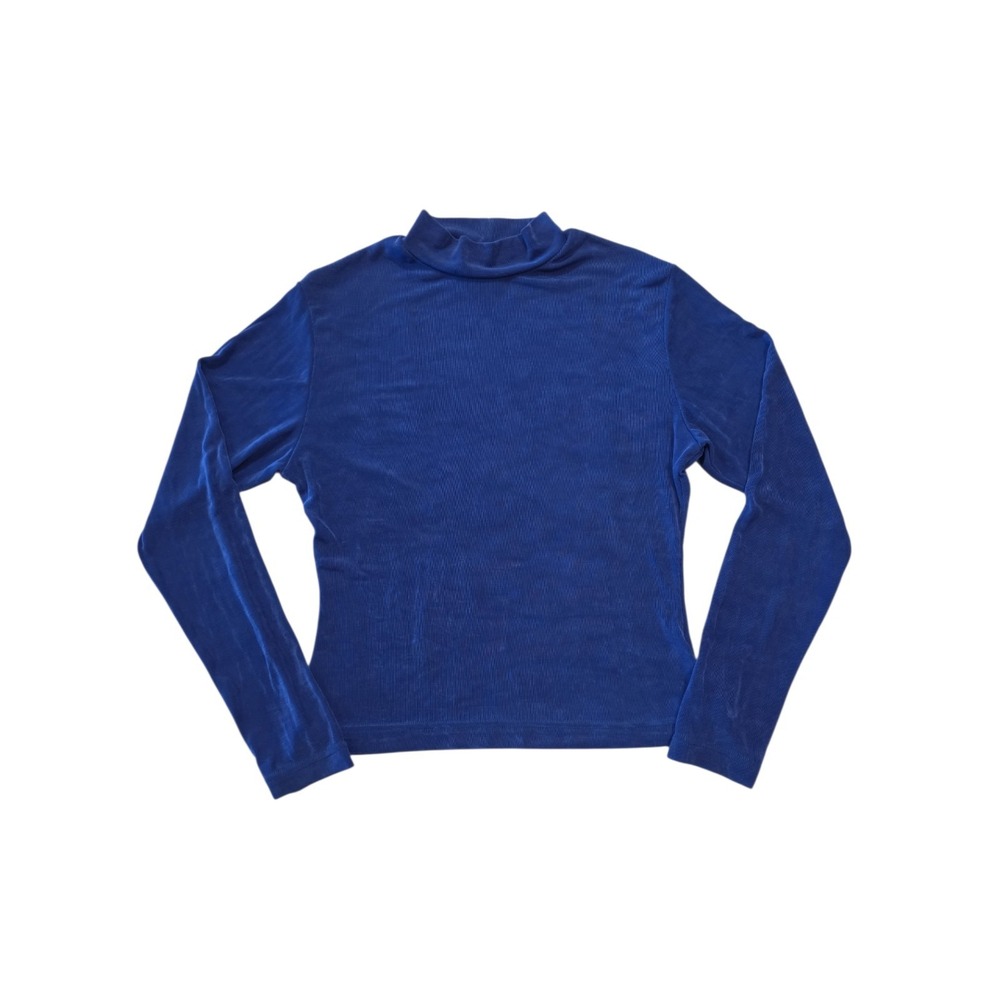 Vintage Mixed Blues Mock Neck Top Womens L Blue Made USA 90s Stretch